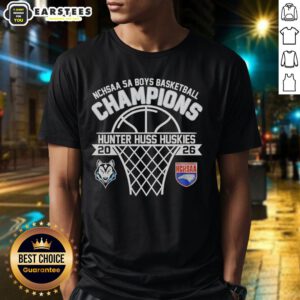 Alt Text: Awesome Hunter Huss Huskies NCHSAA 5A Boys Basketball Champions 2026 T-Shirt featuring team colors and logo.
