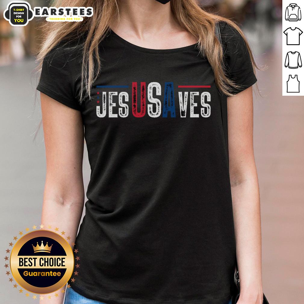 Awesome Jesus Saves USA 4th of July ladies tee featuring patriotic design and faith-inspired message.