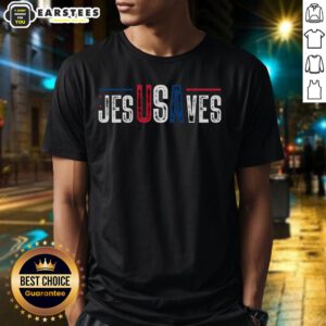 Alt Text: Awesome Jesus Saves USA Faith 4th of July T-Shirt featuring patriotic design and inspirational message.