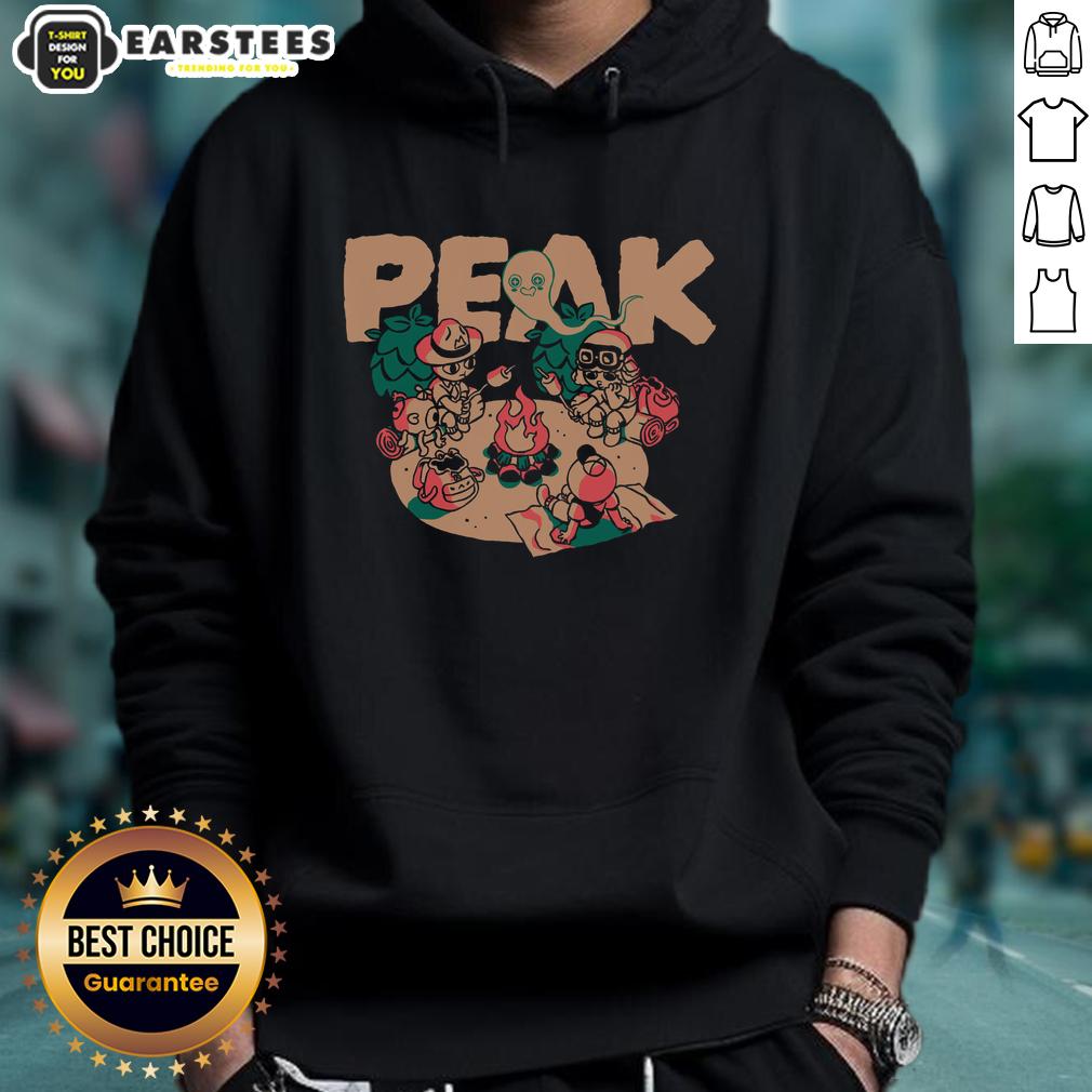 Happy campers wearing Awesome Peak hoodies, enjoying nature and outdoor adventures in a vibrant forest setting.
