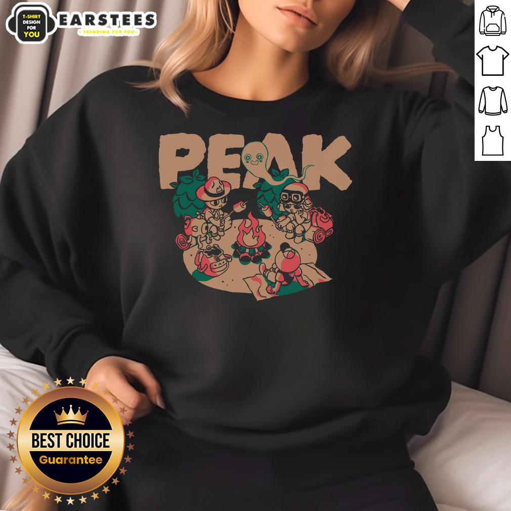 Happy campers wearing Awesome Peak sweatshirt, enjoying outdoor adventure in nature with smiles and vibrant colors.