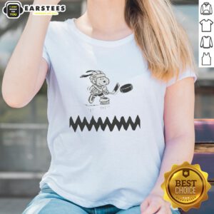 Awesome Snoopy dog hockey player graphic on a ladies tee, perfect for hockey fans and Snoopy lovers.