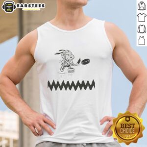 Alt Text: Awesome Snoopy dog hockey player graphic tank top featuring vibrant colors and fun design, perfect for sports fans.