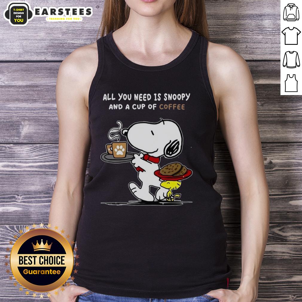 Alt Text: Cute tank top featuring Snoopy with coffee, perfect for casual wear and dog lovers.