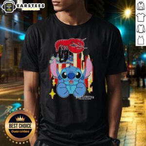 Alt Text: Cute Stitch-like red lobster USA flag t-shirt featuring a playful design perfect for summer and patriotic celebrations.