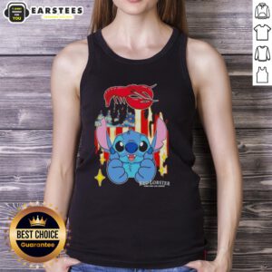 Cute stitch-style red lobster tank top featuring the USA flag, perfect for summer and patriotic events.