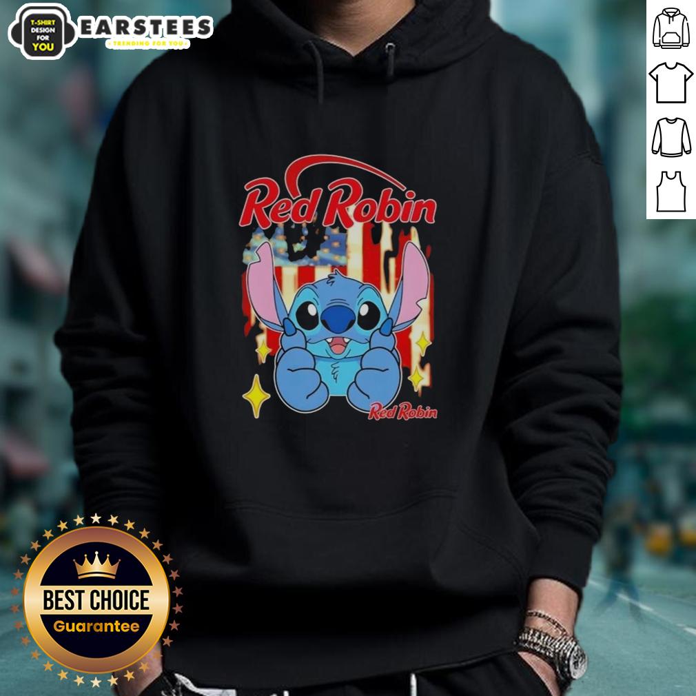 Cute Stitch-like red robin hoodie featuring USA flag design, perfect for patriotic style and cozy comfort.
