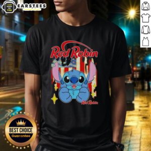 Alt Text: Cute Stitch-style red robin USA flag t-shirt design, perfect for patriotic celebrations and casual wear.