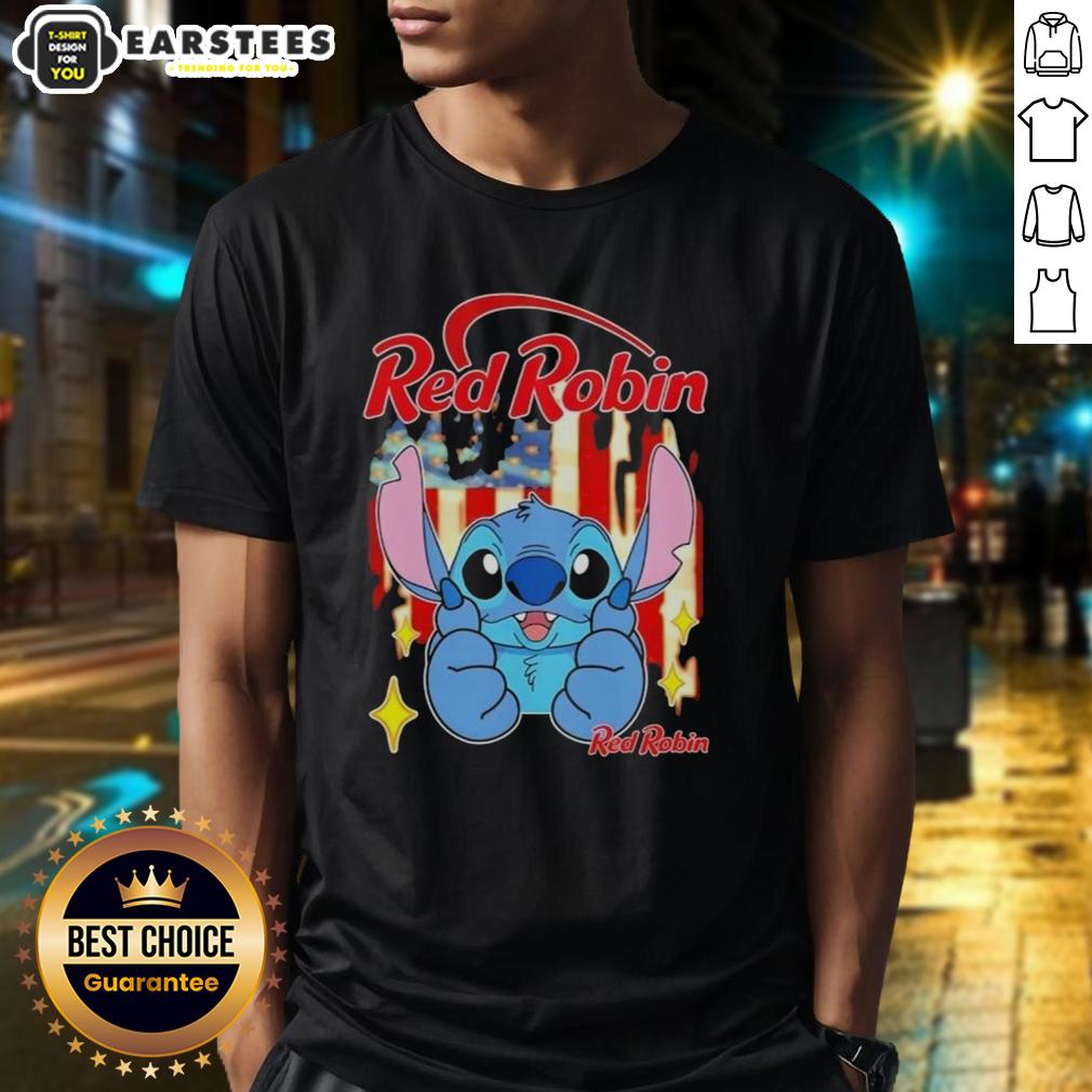 Alt Text: Cute Stitch-style red robin USA flag t-shirt design, perfect for patriotic celebrations and casual wear.