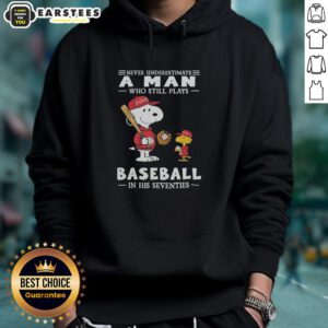 Alt Text: Cute Peanuts x St. Louis Cardinals hoodie featuring 'Never Underestimate A Man Who Plays Baseball In His Seventies' design.