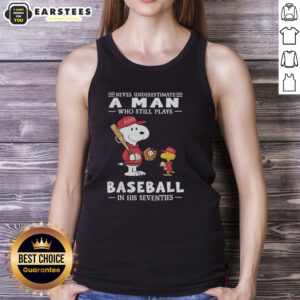 Alt Text: Cute Peanuts x St. Louis Cardinals tank top with 'Never Underestimate A Man Who Still Plays Baseball In His Seventies' slogan.