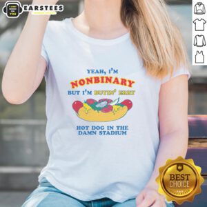 Funny nonbinary ladies tee featuring hot dog graphic, perfect for stadium outings and embracing identity with humor.