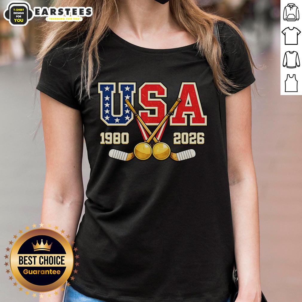 Vintage USA Champions ladies tee featuring hockey design from 1980 and 2026, perfect for sports enthusiasts.