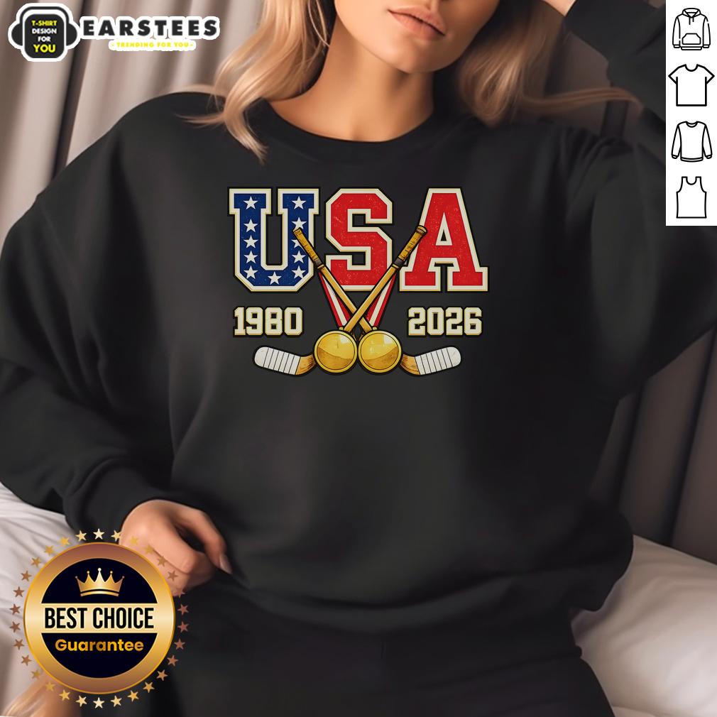 Vintage USA champions sweatshirt from 1980 and 2026, celebrating hockey history and iconic sports fashion.