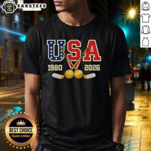 Vintage USA Champions T-Shirt featuring hockey designs from 1980 and 2026, celebrating sports history and team spirit.