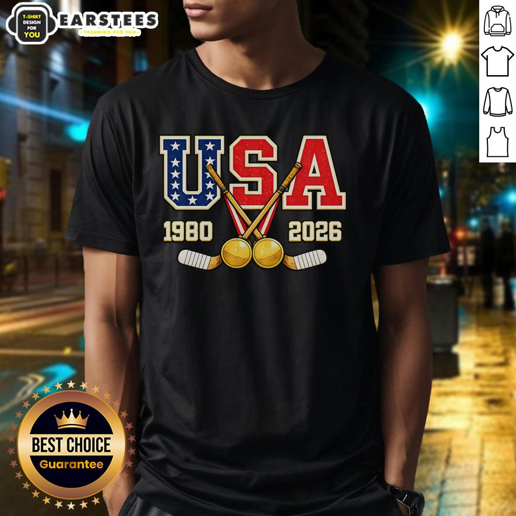 Vintage USA Champions T-Shirt featuring hockey designs from 1980 and 2026, celebrating sports history and team spirit.