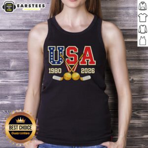 Vintage USA hockey champions tank top featuring 1980 and 2026 designs, perfect for sports fans and collectors.