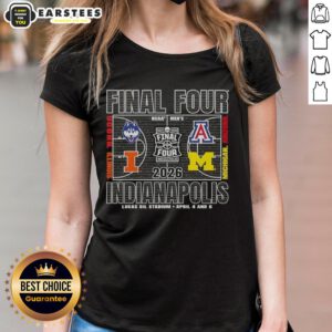 2026 NCAA Final Four Ladies Tee featuring Lucas Oil Stadium in Indianapolis, April 4 and 6 event details.