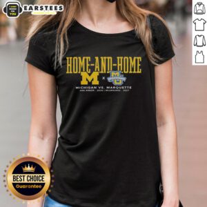 Michigan Wolverines vs Marquette Golden Eagles home and home series ladies tee for Ann Arbor 2026 and Milwaukee 2027.
