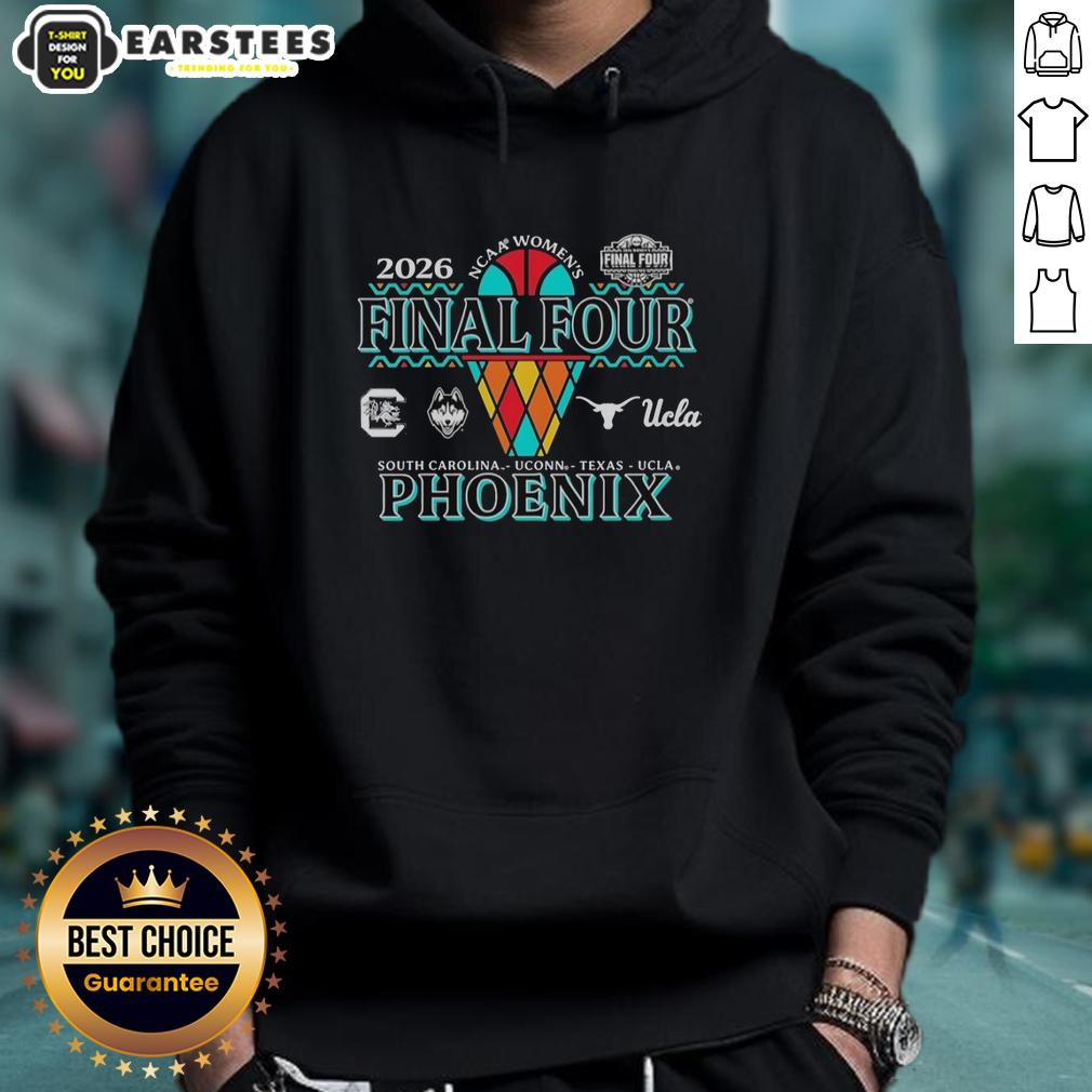2026 NCAA Final Four Women's Basketball hoodie featuring logos of the four teams in Phoenix, perfect for fans.