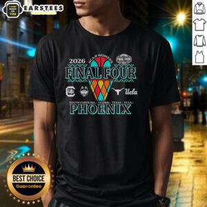 Alt Text: Good NCAA Final Four 2026 Women's Basketball Phoenix t-shirt featuring 4 team logos in vibrant colors.