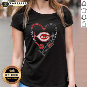 Alt Text: Hot Cincinnati Reds stethoscope heartbeat design on a ladies tee, celebrating passion for baseball and healthcare.