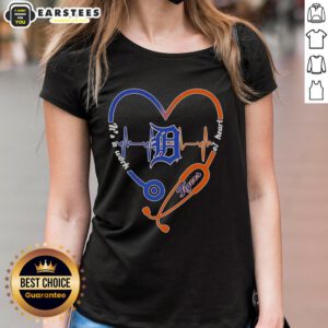 Hot Detroit Tigers stethoscope heartbeat graphic on a ladies tee, perfect for passionate baseball fans and healthcare workers.