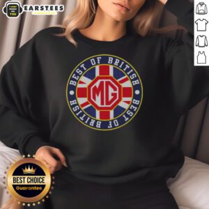 Hot MG car badge logo on a stylish Best of British sweatshirt, perfect for MG enthusiasts and fashion lovers.