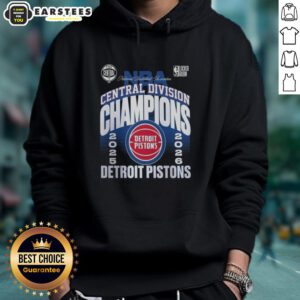 Alt Text: Black Detroit Pistons 2026 Central Division Champions hoodie displayed in a locker room setting.