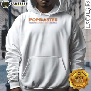 Nice Popmaster hoodie worn by contestants at the world's biggest music quiz event, showcasing vibrant design and logo.