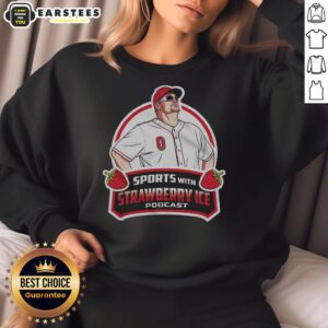 Alt Text: Official baseball with strawberry ice sweatshirt design, featuring vibrant colors and playful graphics for sports fans.