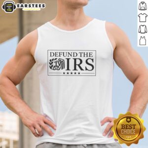 Official Defund The IRS slogan tank top featuring bold text design, perfect for advocating tax reform and fiscal responsibility.