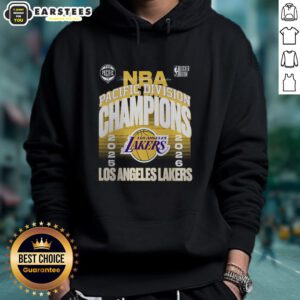 Alt Text: Official Los Angeles Lakers 2026 Pacific Division Champions locker room hoodie in team colors, showcasing championship pride.