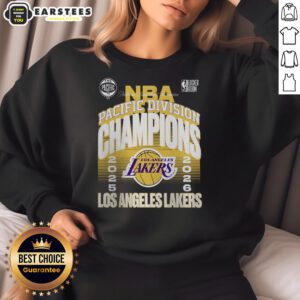Alt Text: Official Los Angeles Lakers 2026 Pacific Division Champions locker room sweatshirt featuring team colors and logo.