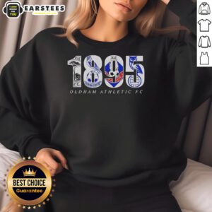 Official Oldham Adult FC 1895 logo sweatshirt featuring team colors and emblem for fans and supporters.