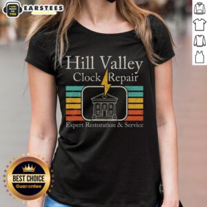 Premium Hill Valley Clock Repair Ladies Tee featuring a stylish design perfect for fans of classic movie memorabilia.