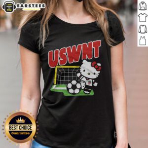 Alt Text: Cute Hello Kitty x USWNT Kick Ladies Tee featuring a playful design perfect for fans of soccer and fashion.