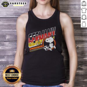 Alt Text: Cute Peanuts Snoopy X Germany soccer tank top featuring Snoopy in a soccer jersey, perfect for fans and summer wear.