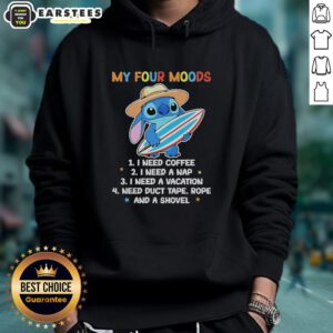 Cute Stitch hoodie featuring four moods: 'I need coffee,' 'I need a nap,' 'I need a vacation' for cozy style.