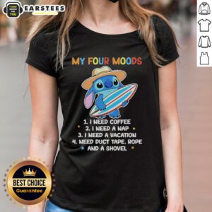 Alt Text: Cute Stitch My Four Moods ladies tee featuring coffee, nap, and vacation themes for a fun, casual look.