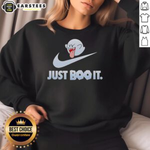 Funny Boo the Super Mario Games sweatshirt featuring a playful 'Just Boo It' design, perfect for gaming fans.