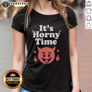Funny Devil It's Horny Time Ladies Tee featuring a playful devil graphic, perfect for humorous casual wear.