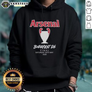 Good Arsenal FC Budapest 2026 UEFA Champions League Final hoodie featuring team colors and logo, perfect for fans.
