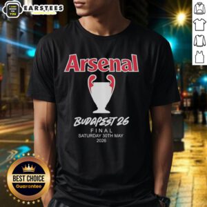 Alt Text: Good Arsenal FC Budapest 2026 UEFA Champions League Final T-Shirt featuring vibrant team colors and logo.