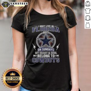 Good Dallas Cowboys NFL ladies tee: 'I may live in Florida, but my heart belongs to the Cowboys' perfect for game day.