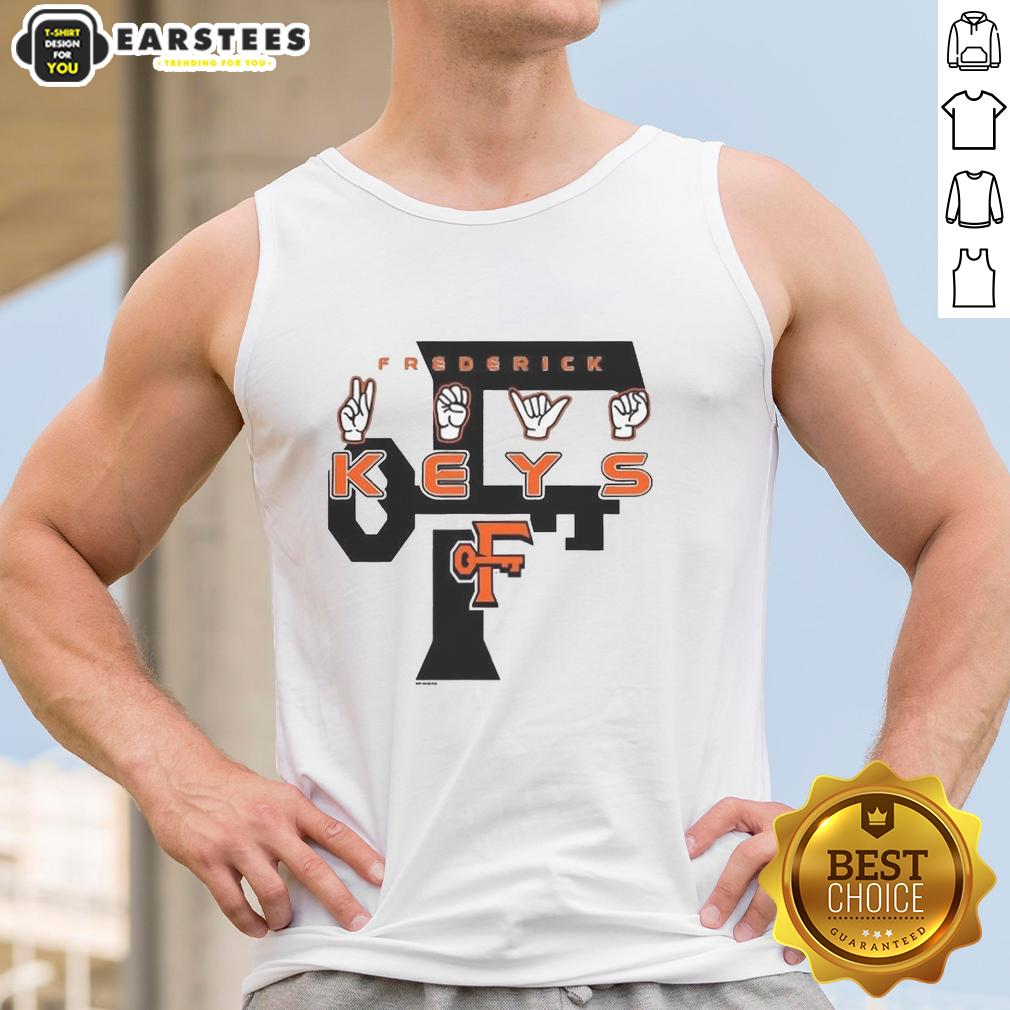 Good Frederick Keys Deaf Awareness 2026 sign on a hand tank top, promoting inclusivity and support for the deaf community.