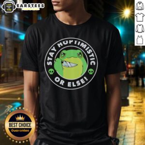 Good frog holding a knife on a 'Stay Hoptimisti Or Else' funny t-shirt, perfect for humor and frog lovers.