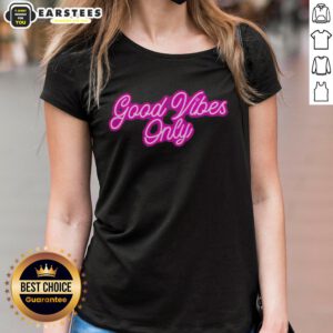 Good Vibes Only purple neon ladies tee featuring bold text design on a stylish shirt for casual wear.