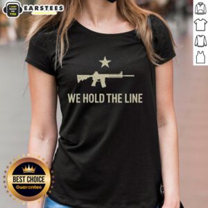 Alt Text: Good Kesihan 1776 Patriotic American Flag 'We Hold The Line' Ladies Tee showcasing a bold flag design.