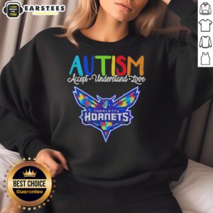Charlotte Hornets sweatshirt promoting Autism awareness with the message 'Accept, Understand, Love' for support.